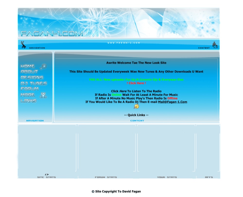 The 2007 fagan-1.com homepage — glossy light-blue layout