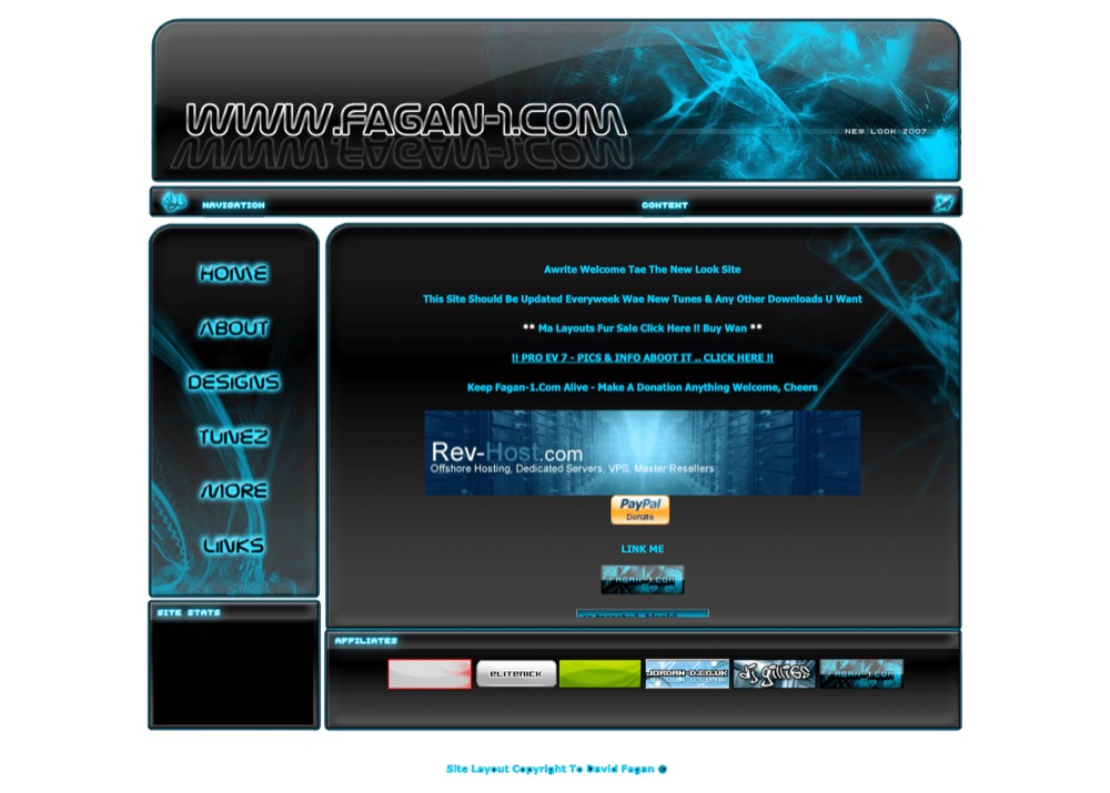 The dark blue electric fagan-1.com layout